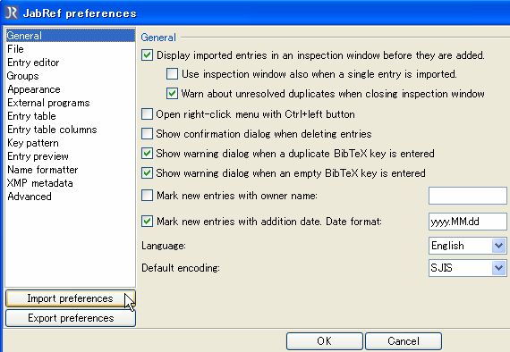 click the Import preferences button