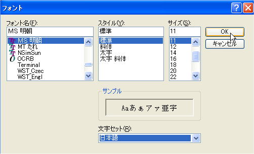 日本語フォントの最上段から文字セットに日本語を選択する。